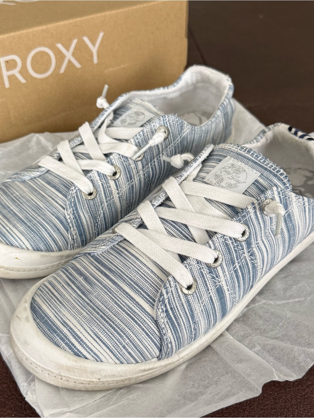 Roxy Light Blue and White Striped Canvas Sneakers